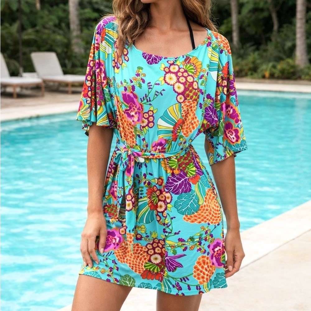 Trina Turk Tokyo Bay swim coverup belted Floral Multicolor Dress sz M pink blue